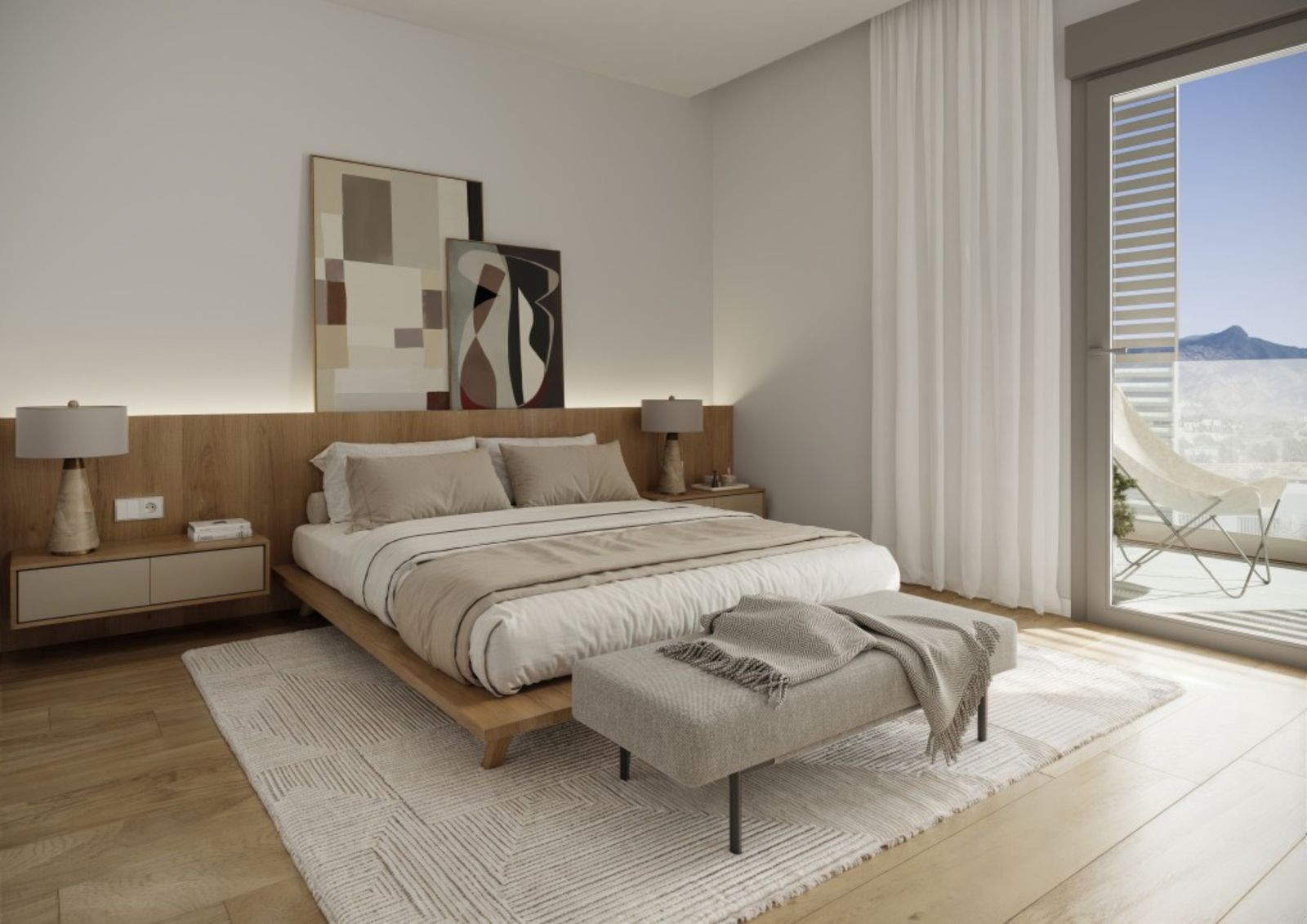 Chambre moderne avec balcon et vue sur la montagne